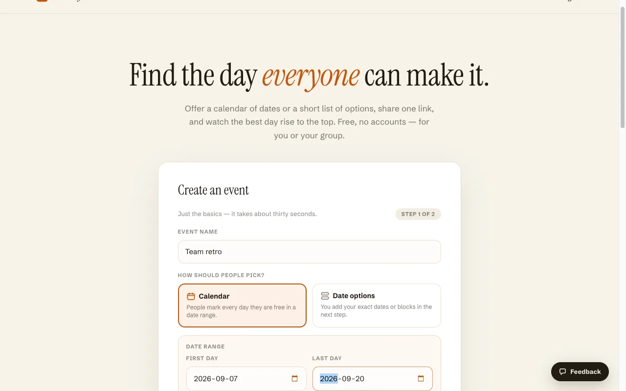 Best Day To Meet's create form: event name, calendar or date options mode, and a date range (step 1 of 2)
