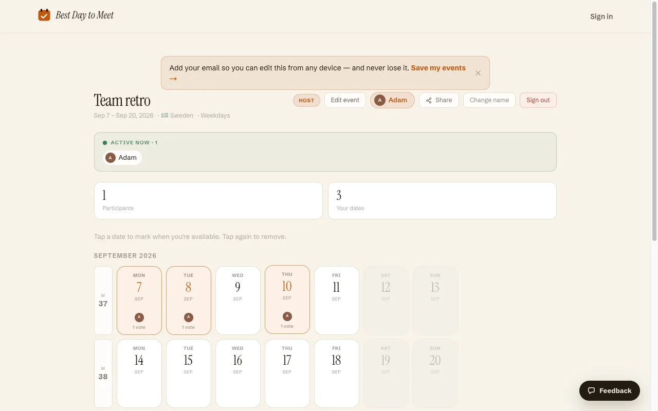 A Best Day To Meet event: a tappable September calendar with vote counts on each day and a participant list