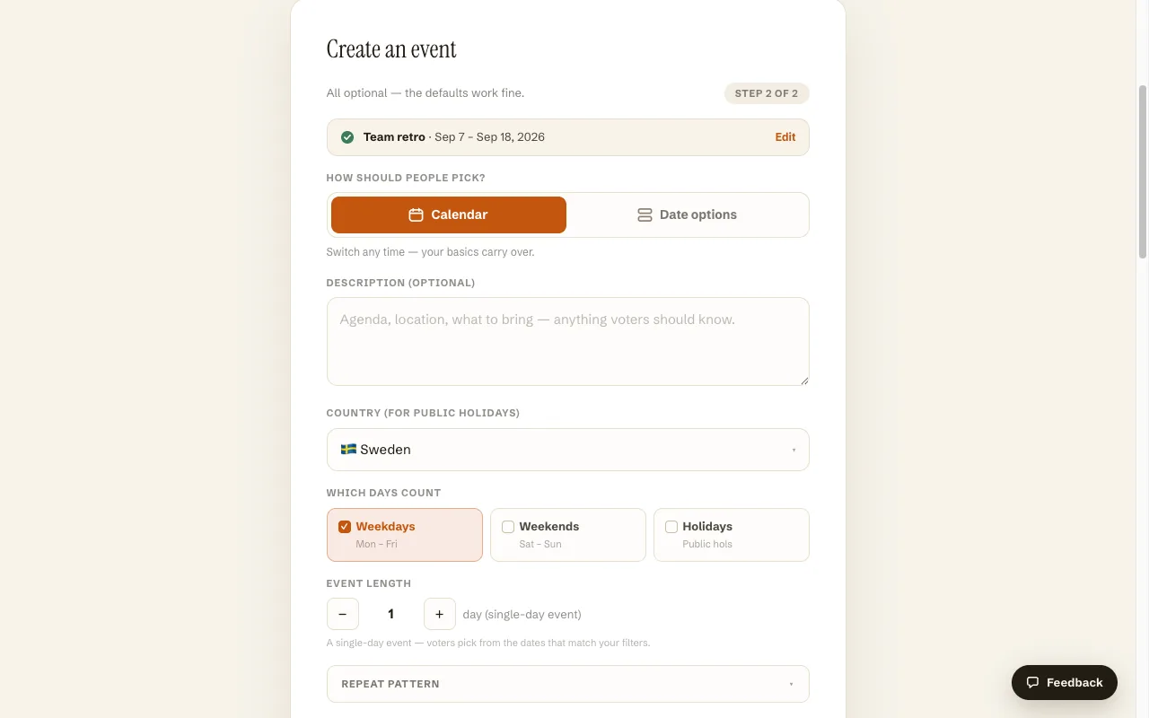 The Best Day To Meet setup step with a country selector for public holidays, Weekdays, Weekends and Holidays toggles, an event length stepper and a repeat pattern control