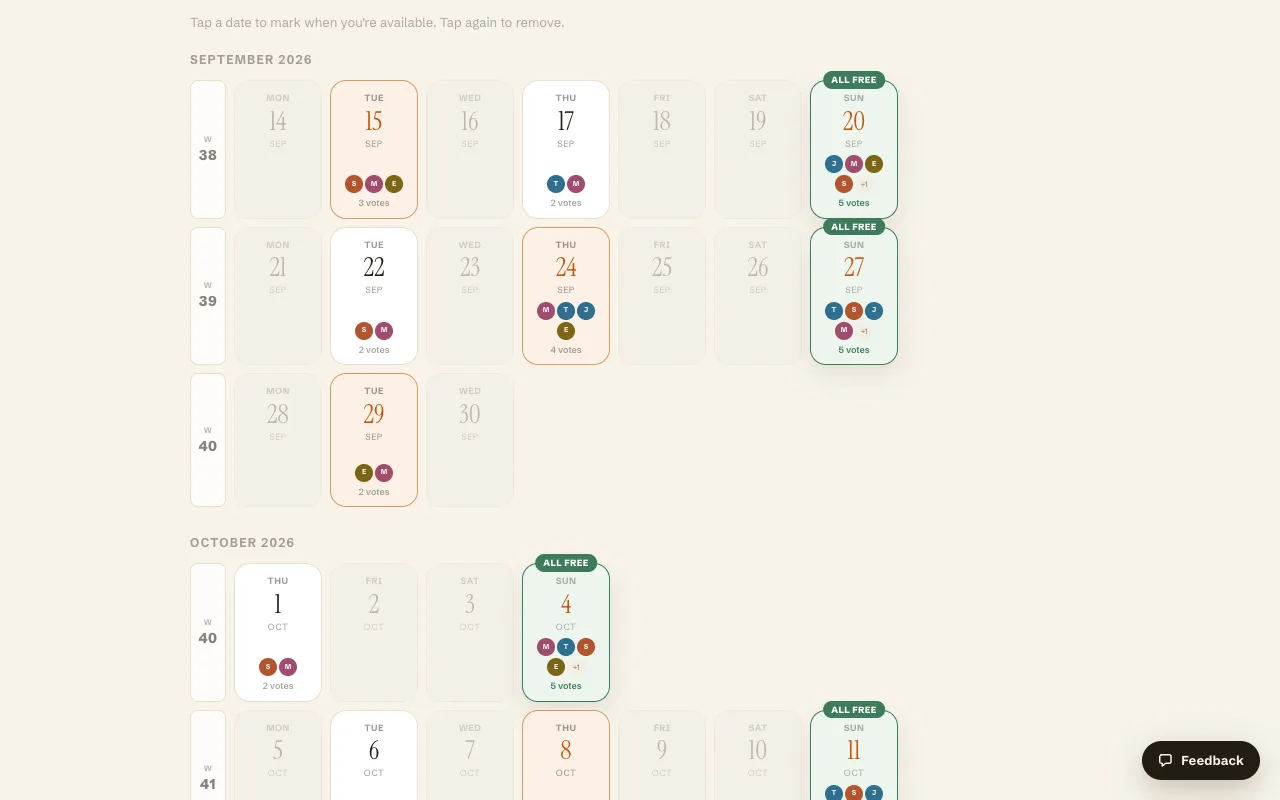 The squad calendar: Tuesdays and Thursdays with two to four votes each, Sundays badged "all free" with five votes, and Mondays, Wednesdays, Fridays and Saturdays greyed out