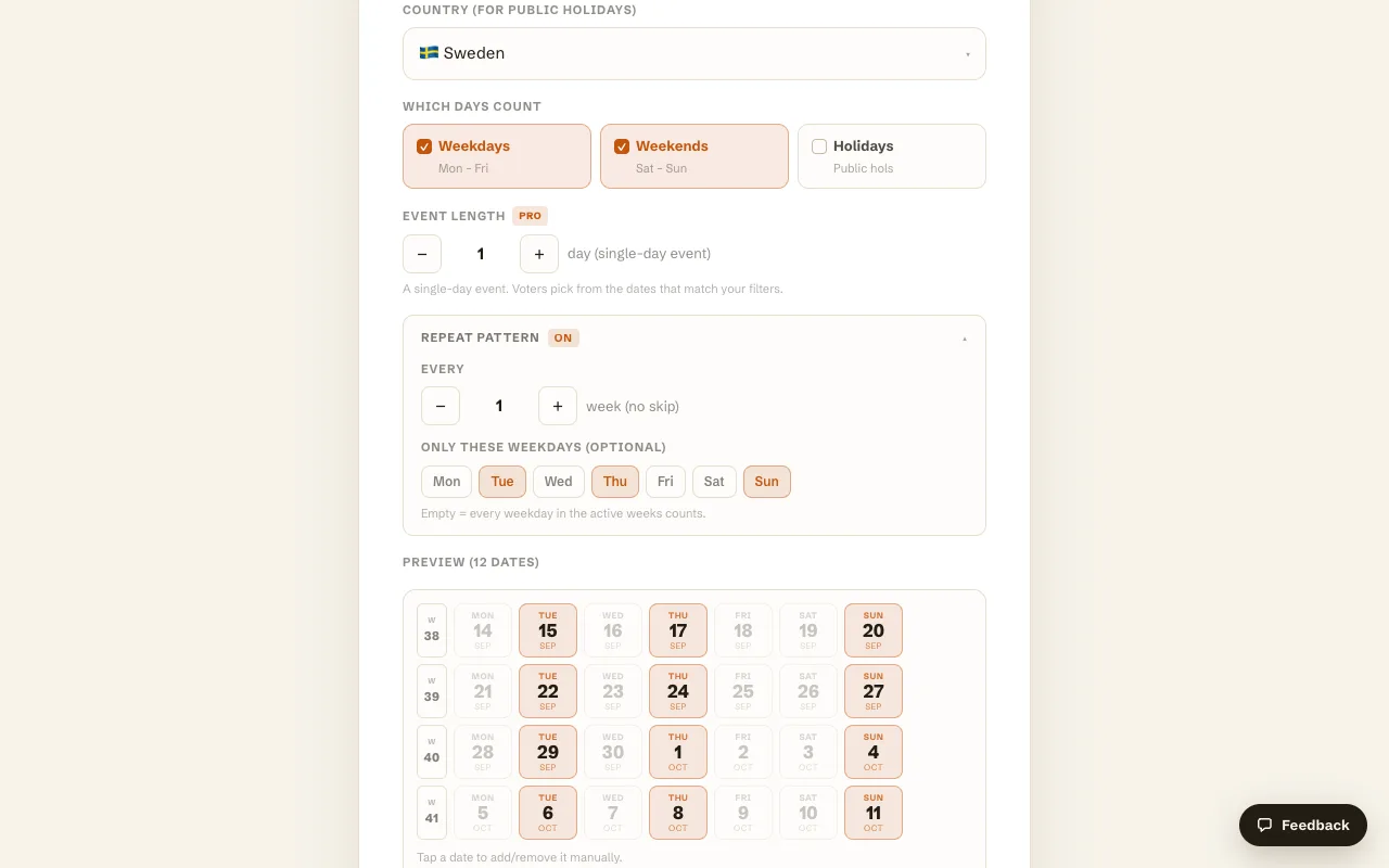 Best Day To Meet's setup screen with Repeat pattern on, Tuesday, Thursday and Sunday selected, and a preview of twelve dates across weeks 38 to 41