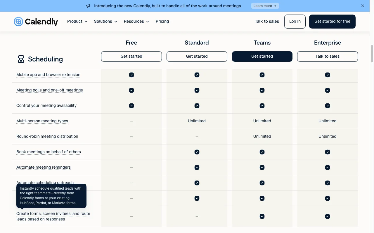 Calendly's Compare features table with the row Meeting polls and one-off meetings checked in the Free, Standard, Teams and Enterprise columns