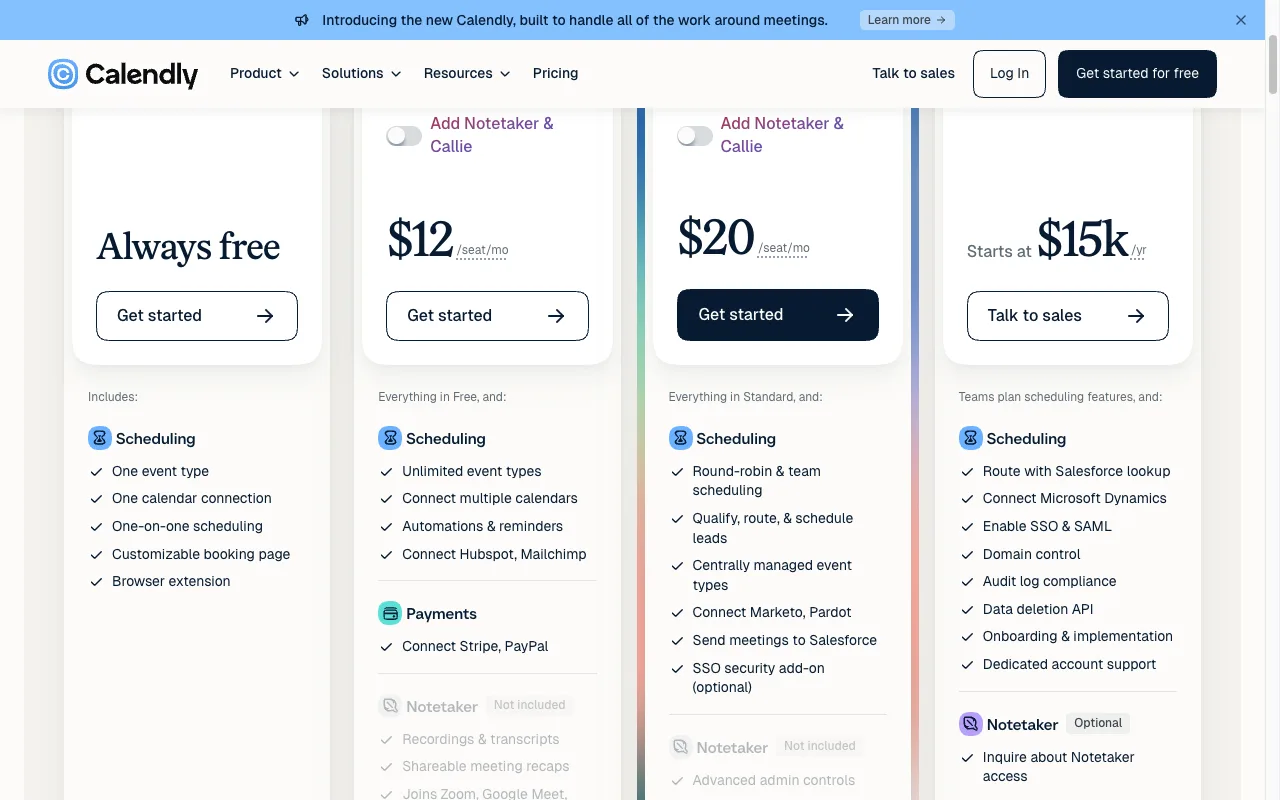 Calendly's pricing cards: Always free, Standard at $12 per seat per month, Teams at $20, and Enterprise starting at $15k per year, with each plan's feature list below