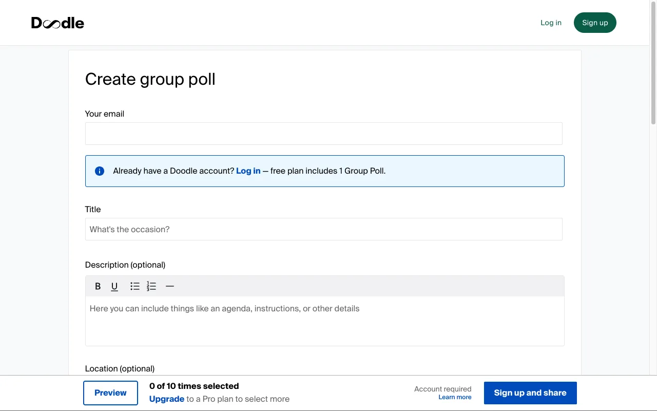 Doodle's group poll create form asking for your email, with an "Account required" notice and a 10-option limit in the footer