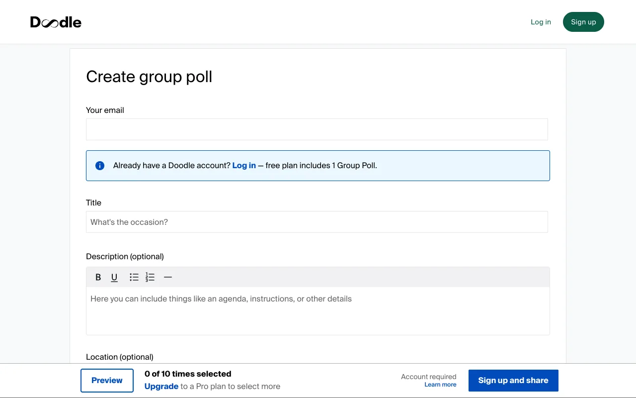 Doodle's group poll form: an email field at the top, a notice that the free plan includes one group poll, and a footer reading "0 of 10 times selected" beside an Upgrade link