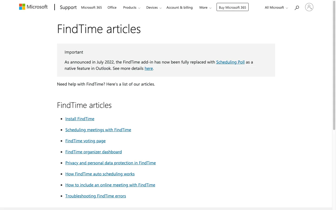 Microsoft's FindTime articles support page, with an Important box saying the FindTime add-in has been fully replaced with Scheduling Poll as a native feature in Outlook