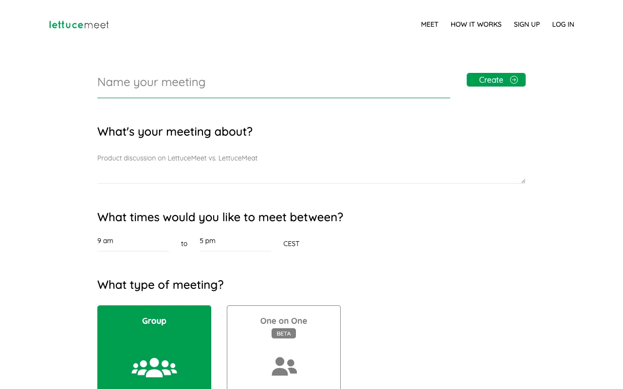 LettuceMeet's create page: name your meeting, a description field, and a time window from 9 am to 5 pm with group or one-on-one modes