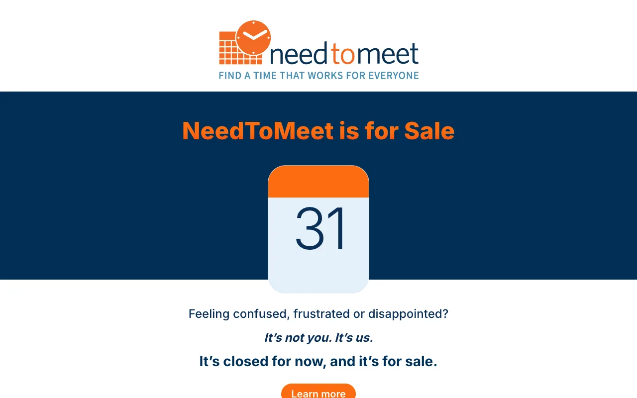 The NeedToMeet 404 page saying it is not you, it is us, and that the service is closed for now and for sale