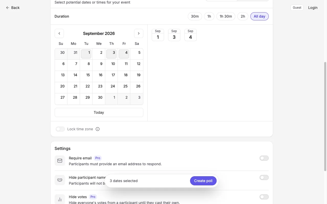 Rallly's create form as a guest: event title, month calendar, duration options including all-day, and a Create poll button with no email field