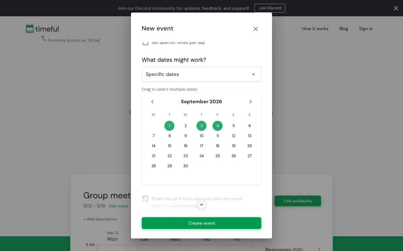 Timeful's New event dialog: Specific dates with three September days selected, and a grayed-out email-notification option that requires signing in