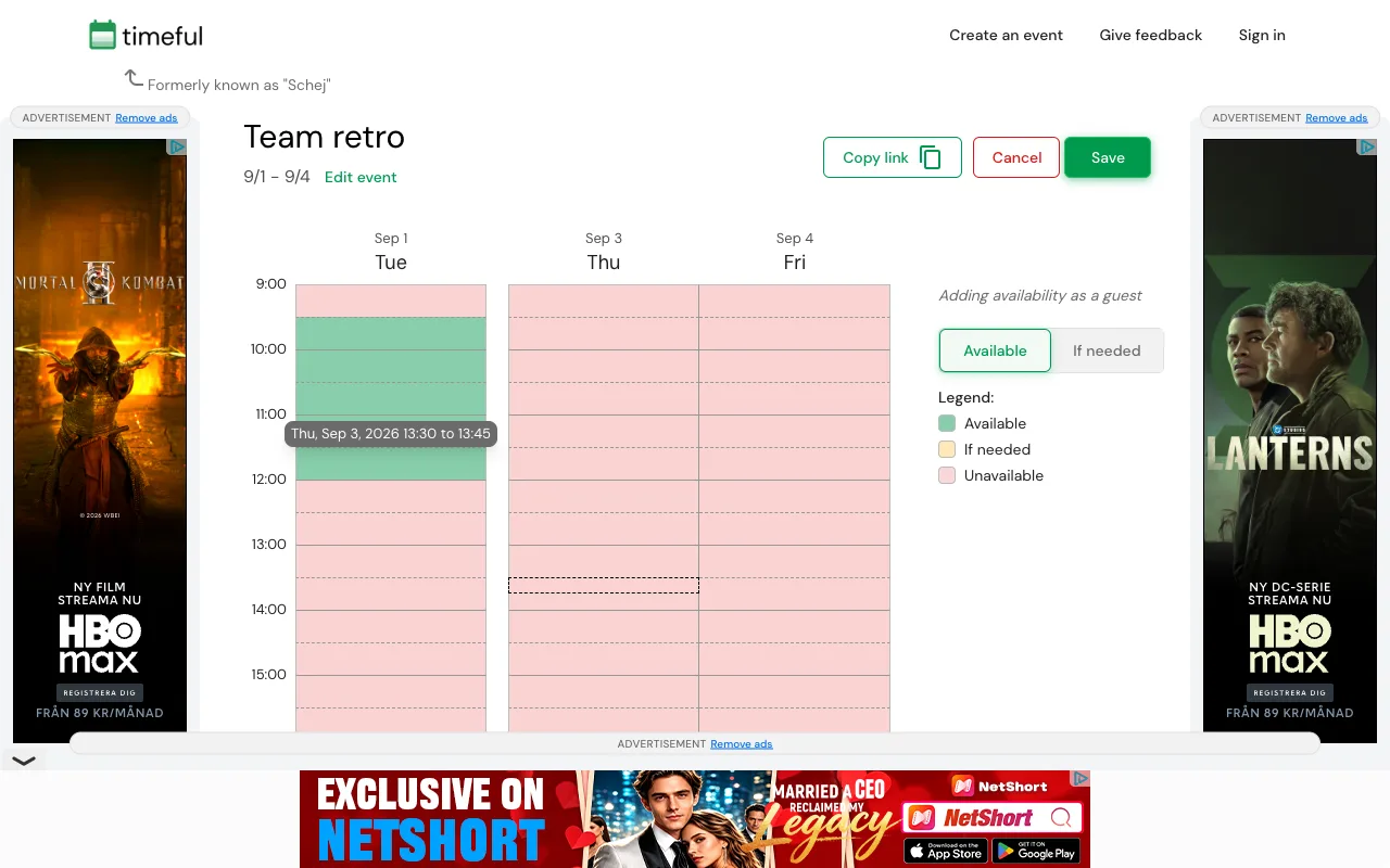 A Timeful event as a guest: a September availability grid painted green beside Available and If needed options, surrounded by three labeled ad banners