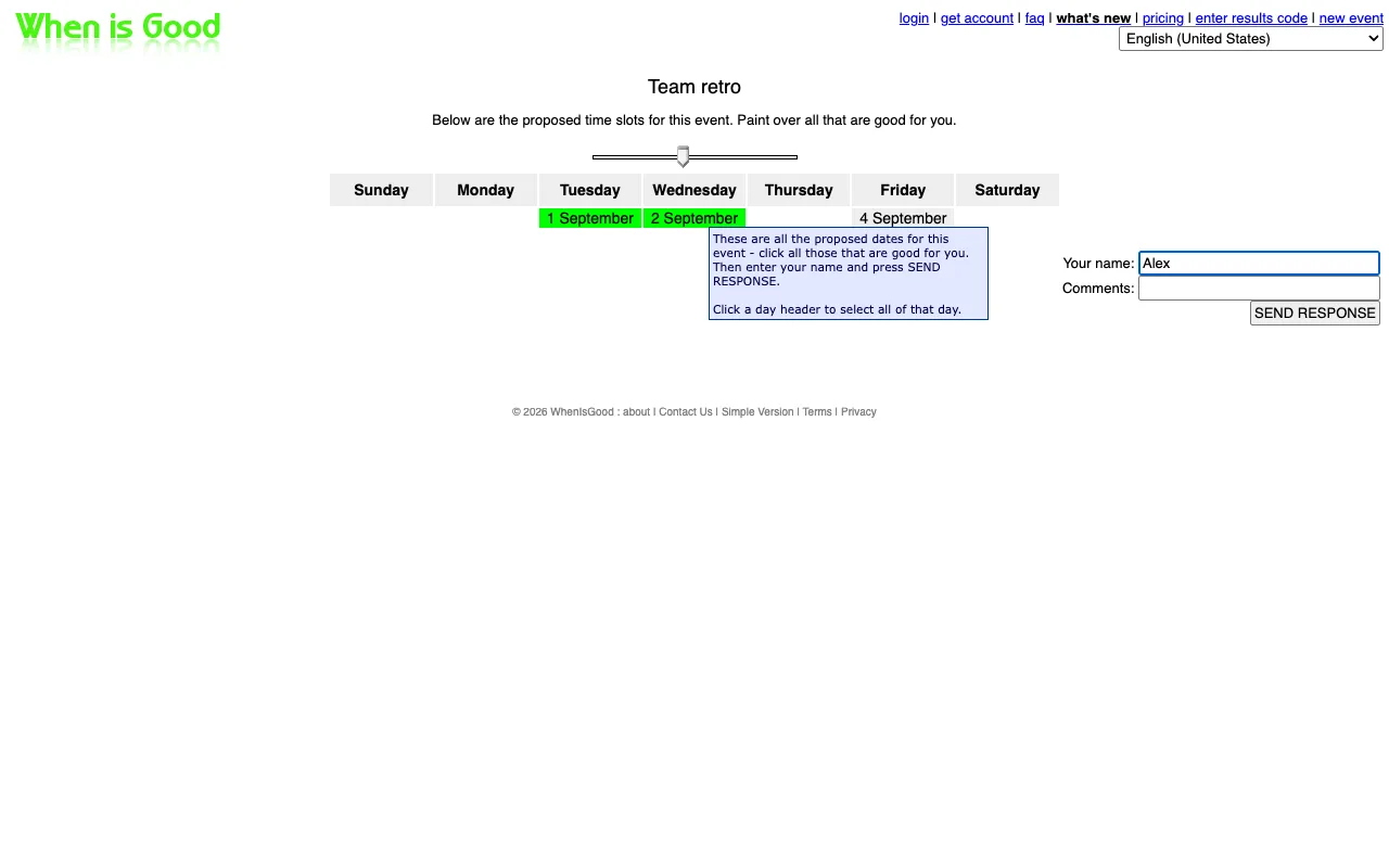 WhenIsGood's voting page: two September days painted green, a name field filled in as Alex, and a SEND RESPONSE button, with no vote totals visible
