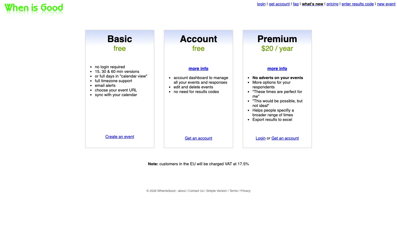 WhenIsGood's pricing page: Basic free, Account free, and Premium at $20 per year with ad removal and Excel export