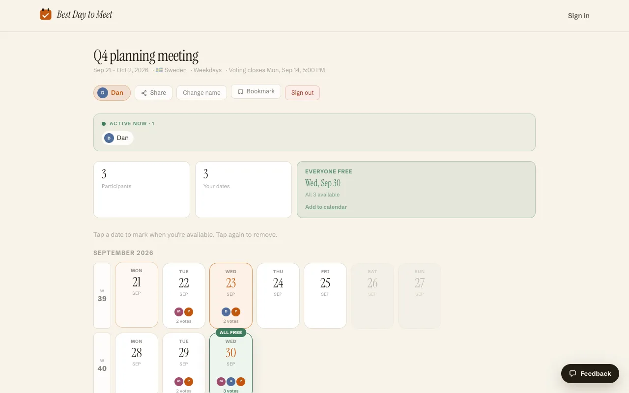 The event page after three people voted, showing "Everyone free: Wed, Sep 30, all 3 available" with an Add to calendar link, and per-date vote counts on the calendar below