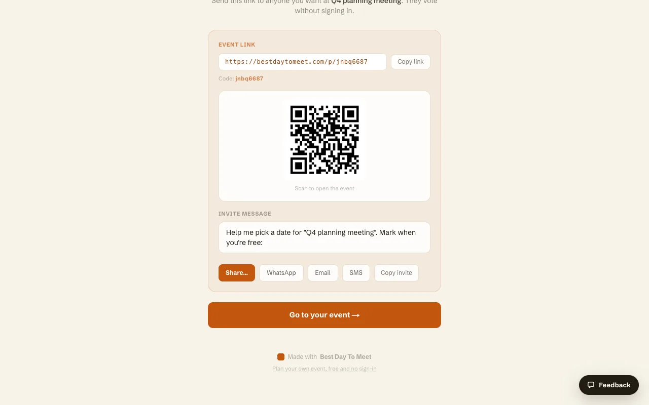 The share screen showing the event link, an eight-character event code, a QR code, and a pre-written invite message with WhatsApp, Email and SMS buttons