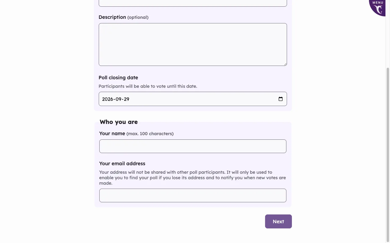Framadate's poll creation form showing a required poll closing date, a Who you are section, and a required email address field above the Next button