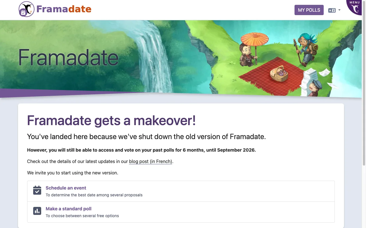 Framadate's legacy notice saying the old version has been shut down and past polls stay available until September 2026, with buttons to schedule an event or make a standard poll