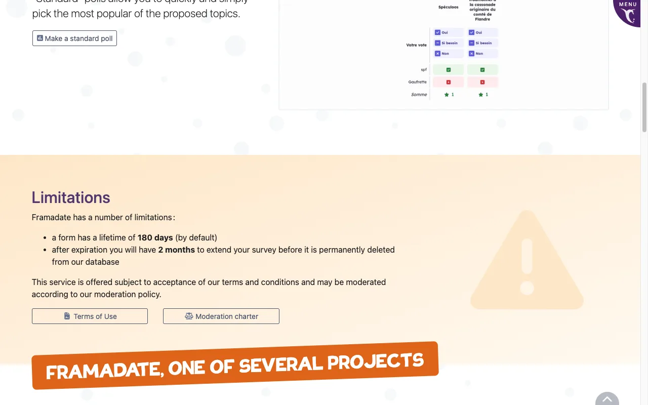 Framadate's Limitations section stating a 180-day form lifetime and a two-month window to extend before permanent deletion