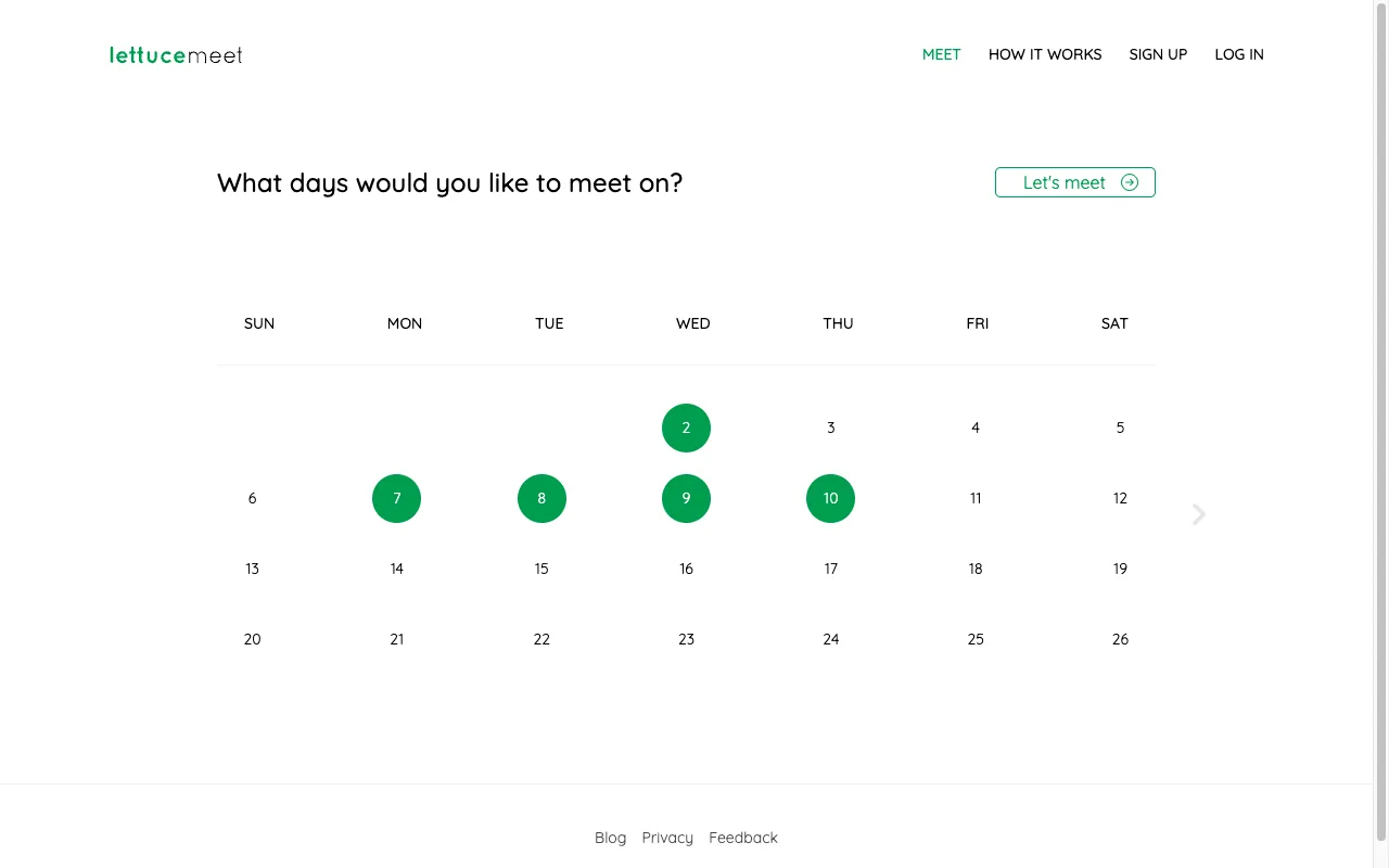 LettuceMeet's homepage day picker: weekday columns and bare day numbers with 7, 8, 9 and 10 selected in green, and a Let's meet button