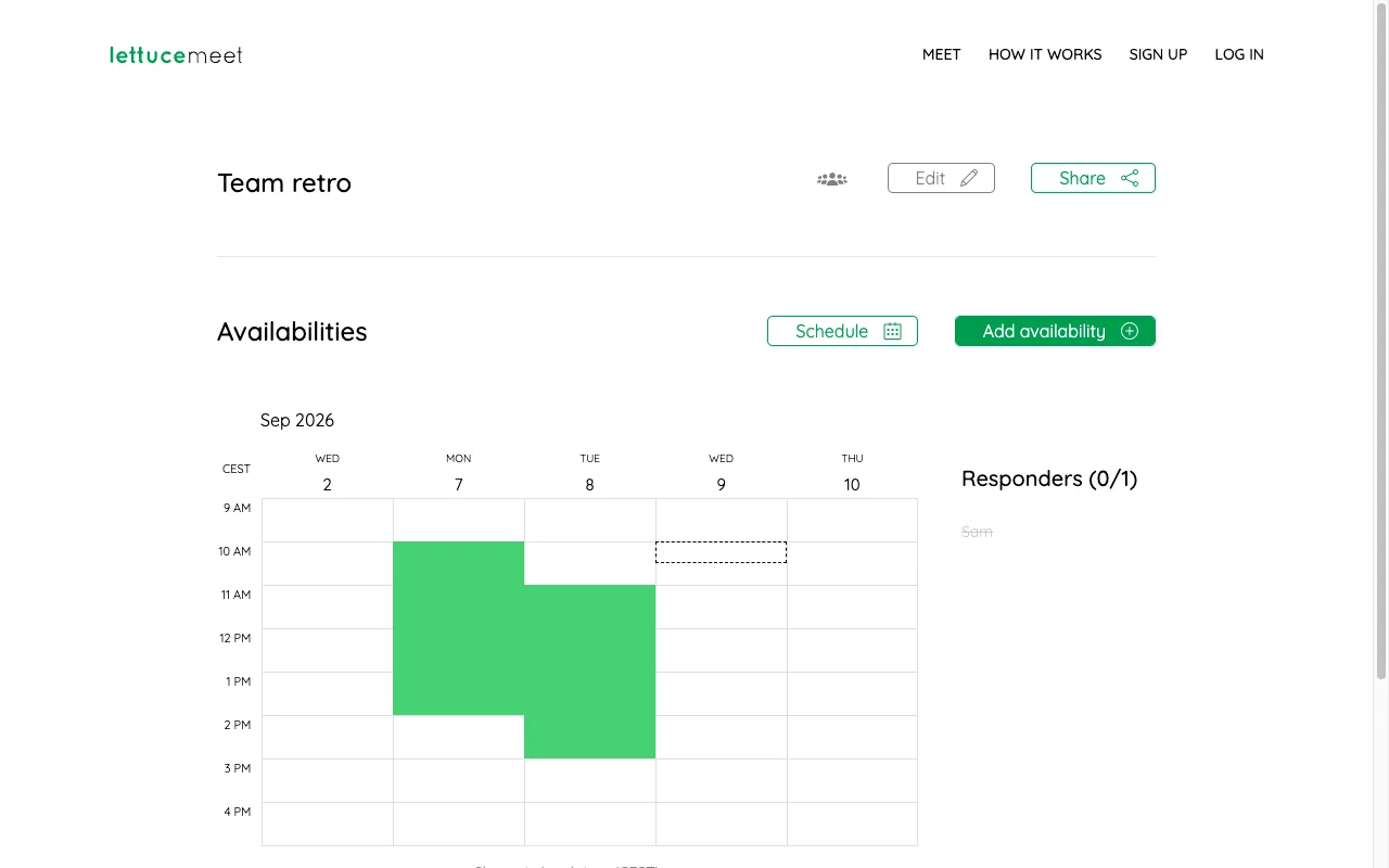 LettuceMeet's meeting page after one response: a 30-minute availability grid across five September days with green blocks on Monday and Tuesday, and a Responders 0/1 list